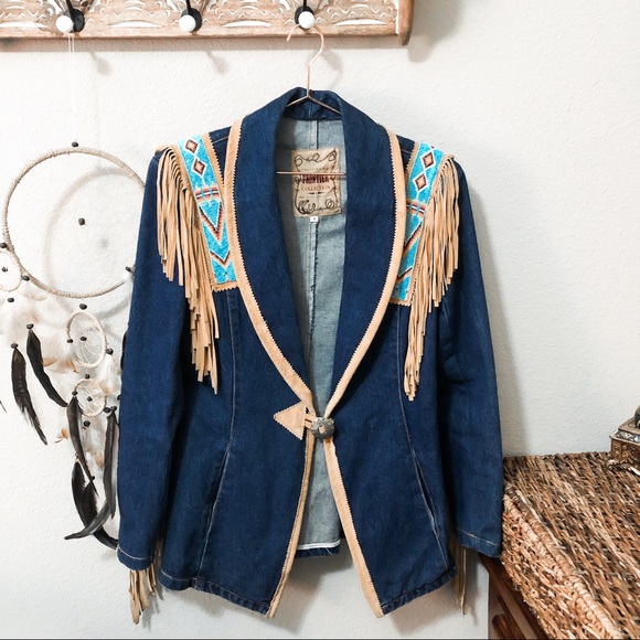 Vintage Jackets & Blazers - NEW Vintage Boho Beaded Fringe Denim Jean Suede Jacket Turquoise Blue Brown
